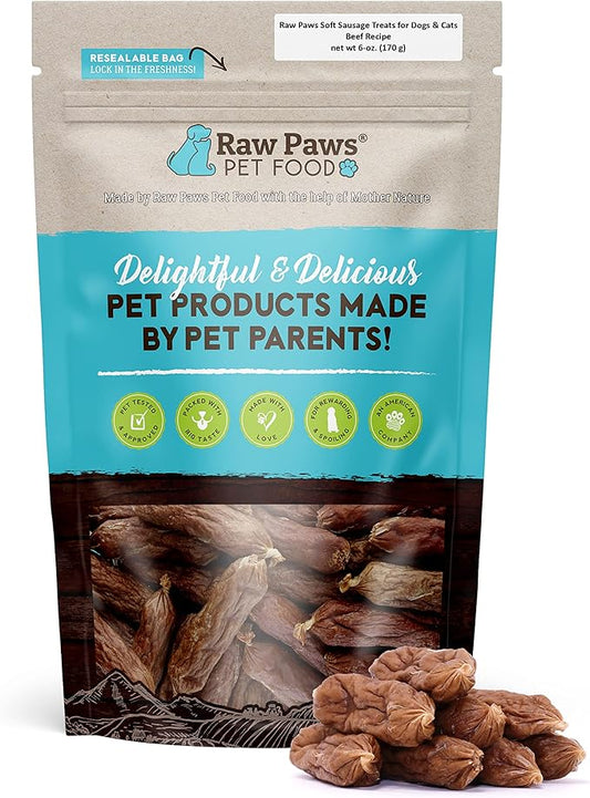 Raw Paws Grain-Free Soft Sausage Treats for Dogs & Cats - Beef Recipe, 6-oz - Beef Sausage Dog Treats, USA Real Beef Dog Treats – Grain-Free Cat Sausage Links, Dog Sausage Links - Puppy Sausage Treats