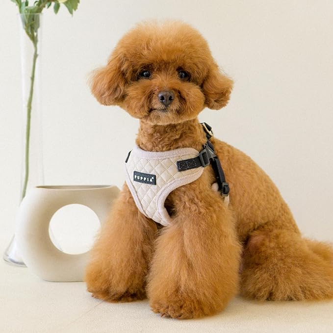 Puppia Irvin Comfort Dog Harness Step-in Warm Winter Diamond Pattern Adjustable Neck and Chest for Small and Medium Dog, Cream, Medium