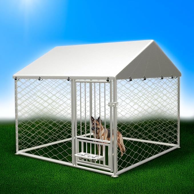 Large Outdoor Dog Kennel, Heavy Duty Galvanized Steel Dog Enclosure with Swivel Feeder, Chicken Coop w/Waterproof UV-Resistant Cover, Lockable Door Chain Link for Backyard (80" L x 80" W x 60" H)