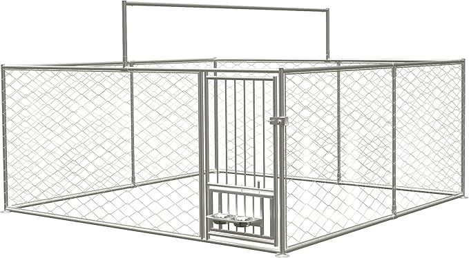 Large Outdoor Dog Kennel, Heavy Duty Galvanized Steel Dog Enclosure with Swivel Feeder, Chicken Coop w/Waterproof UV-Resistant Cover, Lockable Door Chain Link for Backyard (118" L x 118" W x 60" H)