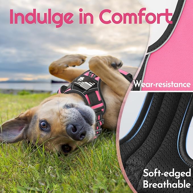 Eagloo Dog Harness for Large Dogs, Easy Wearing with 3 Buckles, Adjustable No Pull Pet Harness with 2 Rings for Walking, No Chock Reflective Soft Padded Vest with Control Handle, Pink & Black, XL