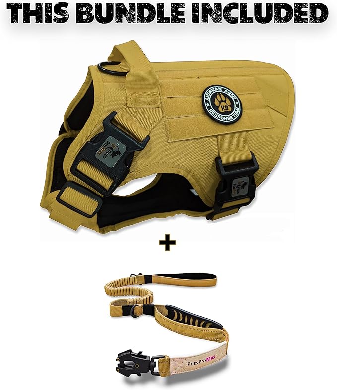Tactical Dog Harness with Tactical Dog Leash as 1 Set for Medium Dogs; Military Style Tactical Dog Vest and Bungee Dog Leash with Car Seat Buckle | No-Pull Dog Vest and Leash Brown M