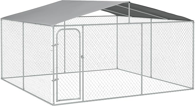 PawHut Large Dog Kennel Outside, Heavy Duty Dog Cage with Waterproof Cover, Outdoor Fence Dog Run with Galvanized Chain Link, Secure Lock, 13' x 13' x 7.5'