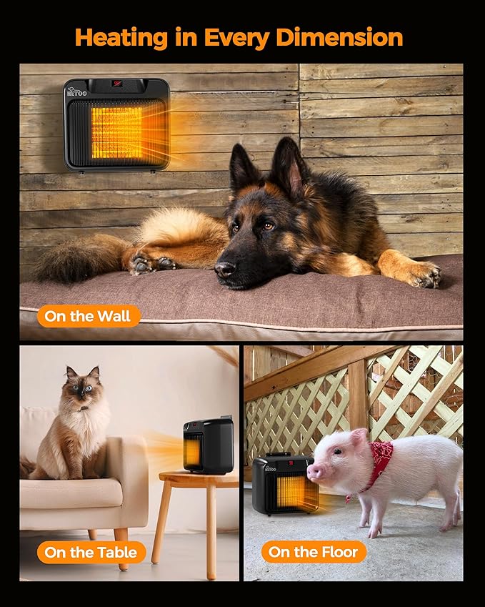HETOO Dog House Heater with Thermostat, Wall-Mounted 600W/300W Dog Heater, 6.5Ft Anti Chew Cord, Overheat Protection, Safe Fast Heating for Dog Kennel, Cat Houses, Chicken Coops, Black