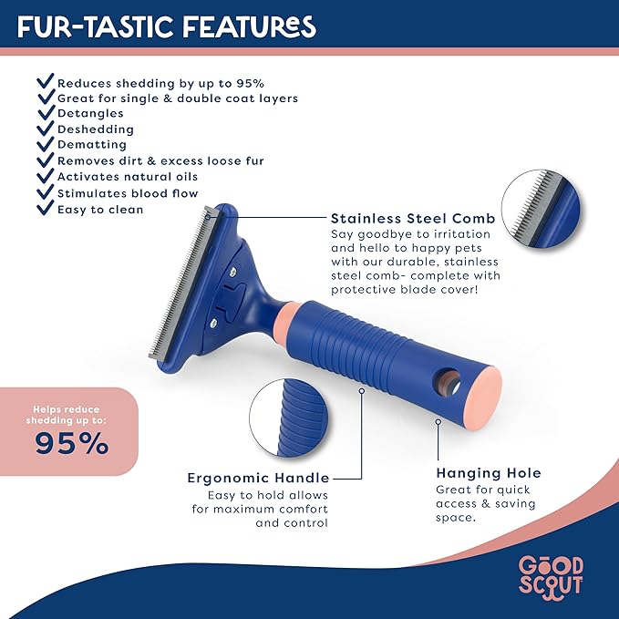 Good Scout Stainless Steel Pet Hair Rake, Best Deshedding Tools for Dogs & Cats, Gentle, Safe & Effective Grooming Tool for Long & Short Haired Animals