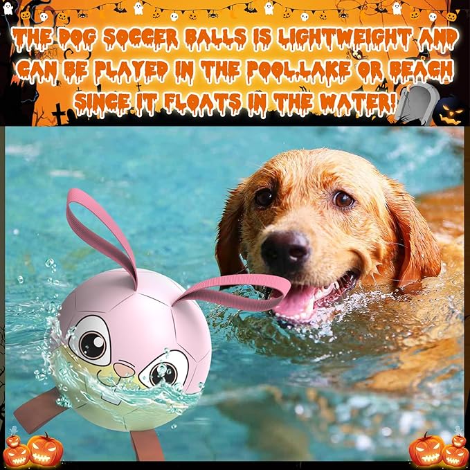 QDAN Rabbit Dog Toys Soccer Ball with Straps, Easter Day Dog Toys for Medium Small Dogs, Interactive Dog Balls for Tug of War, Herding Dog Ball Toys Outdoor Indoor (6 Inch)