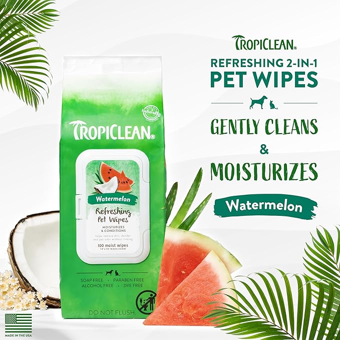 TropiClean Watermelon Dog Wipes for Paws and Butt | Deep Cleaning Dog Grooming Wipes | Safe for The Face | Cat Friendly | 100 Count