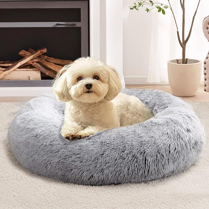 JOLLYVOGUE Dog Bed Cat Bed, Anti-Anxiety Small Dog Bed, Calming Donut Dog Bed for Puppy Bed, Fluffy Dog Beds for Small Medium Dogs, Washable Round Puppy Bed for Indoor Pet (24"/Smoke Gray