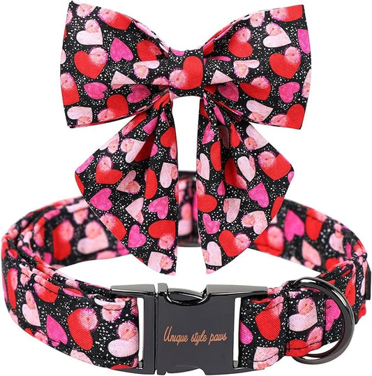 Unique Style Paws Valentine's Day Dog Collar with Bow Colorful Heart Love Dog Collars for Small Medium Large Dog New (S, Black Bowtie)