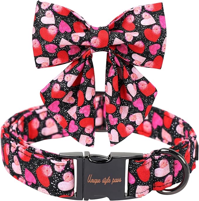 Unique Style Paws Valentine's Day Dog Collar with Bow Colorful Heart Love Dog Collars for Small Medium Large Dog New (XL, Black Bowtie)