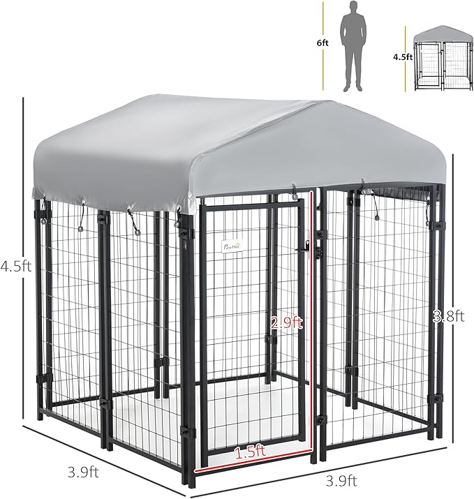 PawHut 4' x 4' x 4.5' Dog Kennel Outside, Dog Playpen Exercise Pen with Lockable Door, Water-Resistant Canopy, for Medium and Large Puppies