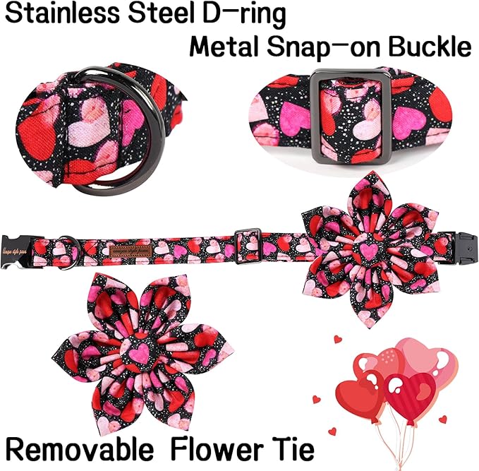 Unique Style Paws Valentine's Day Dog Collar with Bow Colorful Heart Love Dog Collars for Small Medium Large Dog New (XL, Black Flower)