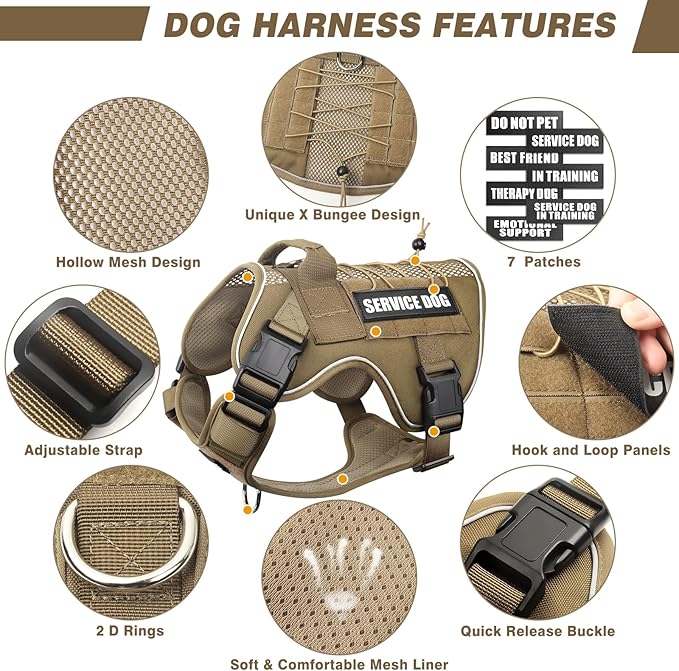 WINSEE Mesh Design Service Dog in Training Harness with 7 Pet Patches, Breathable Tactical No Pull Dog Molle Vest with Handle for Large Dog, Military Dog Harness for Walking Hiking