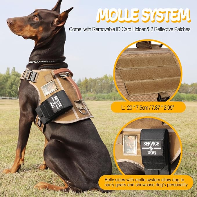 Service Dog Vest - HEYCAHVA Tactical Dog Harness Full Metal Buckles Dog Vest for Large Medium Dog Reflective No Pull Dog Harnesses Vest with Leather Handle, Hook & Loop for Hiking Training (Khaki, L)