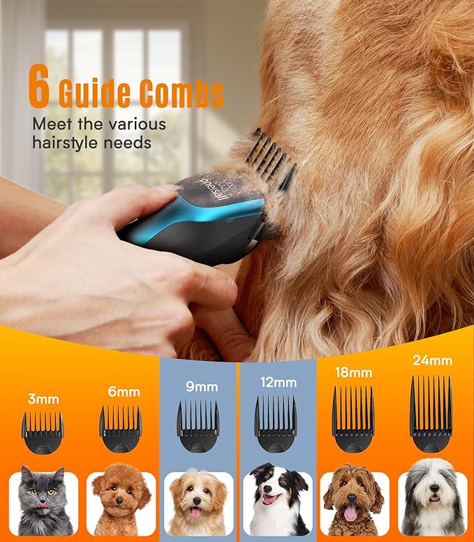 Oneisall Dog Clippers for Grooming - 2-Speed Super Power, 50dB Quiet Rechargeable Cordless Trimmer With Detachable Stainless Steel Blade for Small & Large Dogs With Thick Coats