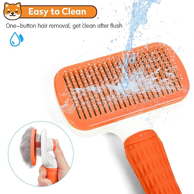 Dog & Cat Brush, Self Cleaning Slicker Brush for Pets, Upgraded Dog Brush for Shedding Massaging and Grooming, Removes Loose Undercoat & Portable Comb for Long Short Haired Dogs(Orange)