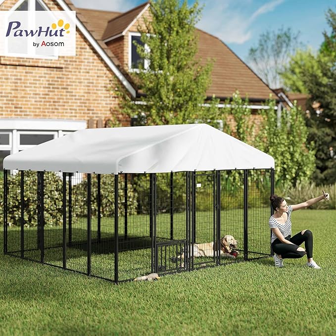PawHut 9.8' x 9.8' x 6.8' Outdoor Dog Kennel, Welded Wire Heavy Duty Dog Run with 360° Rotating & 4 Level Adjustable Bowls, Dog Kennel Outside with Waterproof & UV Resistant Cover, for S&M&L Dogs