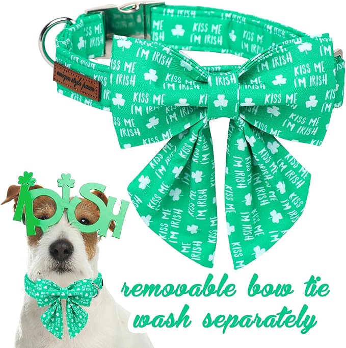 Unique Style Paws St. Patrick's Day Dog Collar with Bow Green Clover Dog Collar Bowtie Bowtie Collar for Large Medium Small Dogs
