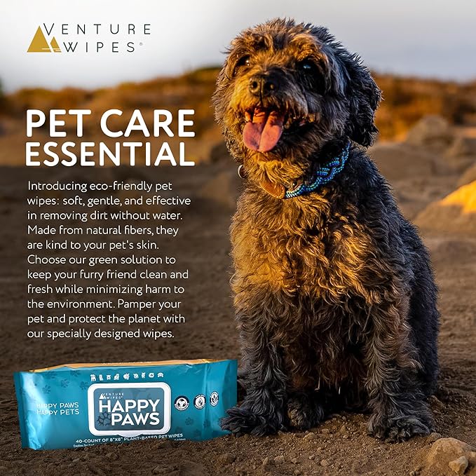Venture Wipes Happy Paws - Natural Pet Wipes for Dogs and Cats - Biodegradable Grooming Wipes for Paws, Eyes, Ears, and More - Large Cleansing Cloths for Pet Care Essentials (Pull Pack - 40 Count)