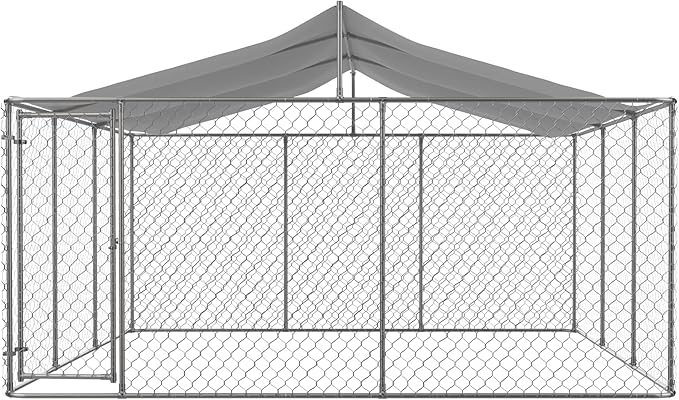 Outdoor Dog Enclosure Heavy Duty Dog Kennel House Mesh Outside Galvanized Chain Link Dog Run with Roof,Dog Cage Large Dogs Dog Pen Pet Kennel W/Waterproof Anti-UV Cover&Secure Lock for Large Dog