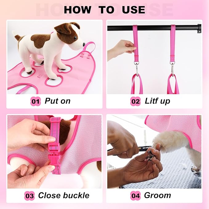 Dog Grooming Hammock - Adjustable Pet Grooming Hammock for Cats& Dogs, Breathable Dog Hanging Sling Holder with Nail Clippers& Nail File (Pink, Medium)