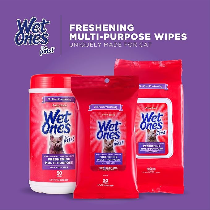 Wet Ones for Pets Freshening Multipurpose Wipes for Cats with Aloe Vera, Easy to Use Cat Cleaning Wipes, Freshening Cat Grooming Wipes for Pet Grooming in Fresh Scent (Pack of 12, 600 Count Total)