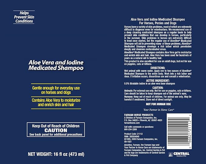 Farnam Medicated Shampoo with Aloe Vera and Iodine | Moisturizing and Gentle | for Horses, Ponies and Dogs | 16 oz (Pack of 2)
