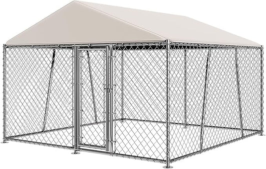 10 x 10FT Large Outdoor Dog Kennel with Roof, Dog Kennel Outside with Waterproof Cover, Galvanized Heavy Duty Chain Link Dog Runs Cage Playpen for Outside with Secure Lock