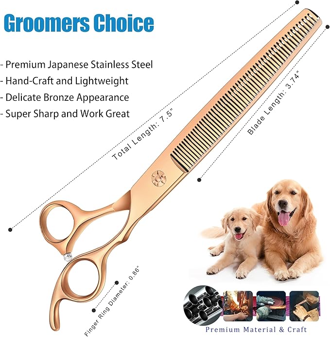7.5" Dog Grooming Thinning Scissors Trimming Cutting Shears Professional for Dog Cat Pet Animal Grooming on Face and Paws Gold