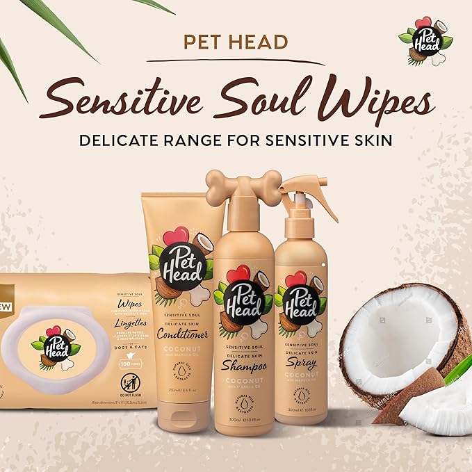 Pet Head Sensitive Soul Dog & Cat Wipes for Paws, Body & Face | Coconut Scent with Aloe Vera | Biodegradable, Plant-Based and Plastic-Free Wipes | an Easy & Speedy Freshen-Up | Made in USA | 100 Pack