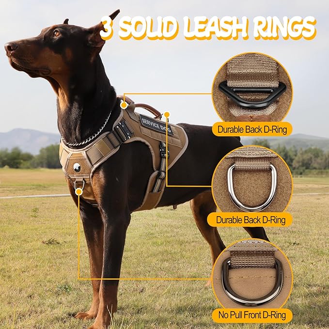 Service Dog Vest - HEYCAHVA Tactical Dog Harness Full Metal Buckles Dog Vest for Large Medium Dog Reflective No Pull Dog Harnesses with Leather Handle, Hook & Loop for Hiking Training (Khaki, XL)