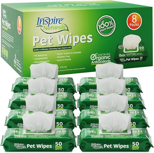 Inspire Naturals Pet Wipes for Dogs and Cats 100% Natural Plant Based with Organic Antioxidants, Dog Wipe Cleaning Deodorizing | Puppy Wipes | Dog Wipes for Paws and Butt (400ct - 8 Pack)