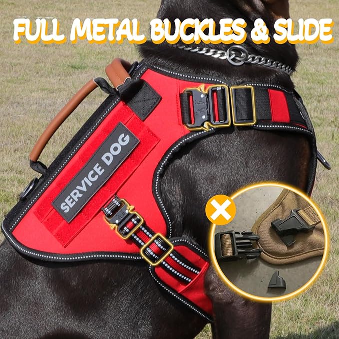Tactical Dog Harness - HEYCAHVA Service Dog Vest Full Metal Buckles Dog Vest for Medium Large Dog Reflective No Pull Dog Harnesses Vest with Leather Handle, Hook & Loop for Hiking Training (Red, M)