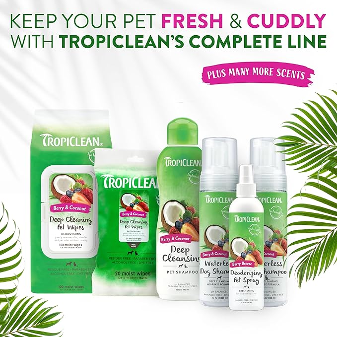 TropiClean Dog Wipes for Paws, Butt, Face, and Body, Anytime Cleaning and Deodorizing Pet Wipes, Safe for Licking, Berry Scent, Cat Safe, 100ct