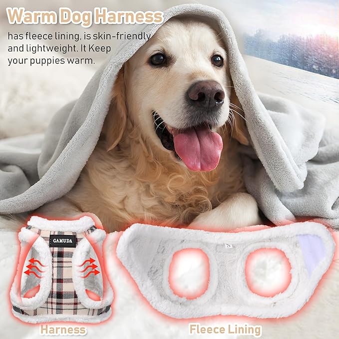 GAMUDA Small Dog Harness Collar and Leash Set, Step in No Chock No Pull Soft Mesh Adjustable Dog Vest Harnesses Plaid Reflective for Dogs Puppy Cats Kitten Rabbit (Warm Beige, XXXS)