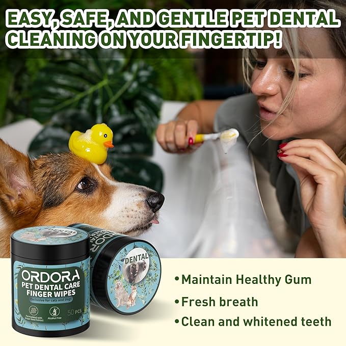 ORDORA PET Teeth Cleaning Wipes for Dogs & Cats, Dog Teeth Cleaning Finger Wipes - Dog Tooth Brushing Kit Dental Wipes - Reduces Plaque & Freshens Breath (50 Pcs)