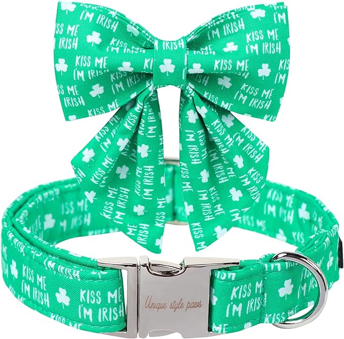 Unique Style Paws St. Patrick's Day Dog Collar with Bow Green Clover Dog Collar Bowtie Bowtie Collar for Large Medium Small Dogs