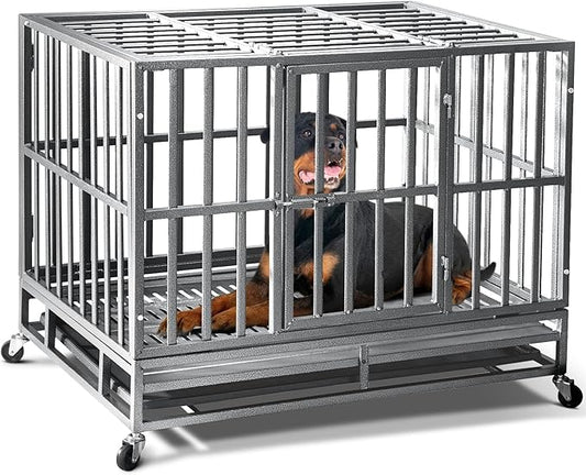 38 inch Heavy Duty Indestructible Dog Crate,2025 New Upgraded Reinforced Baseplate for Large Dogs,XL Dog Crate for High Anxiety Dogs/Max Load Capacity 200lbs/Double Door with Wheels(Silver)