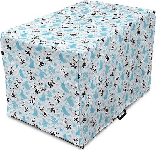 Lunarable Panda Dog Crate Cover, Chinese Bears with Stroller and Dotted Hearts on Chevron Background, Easy to Use Pet Kennel Cover for Medium Large Dogs, 42 Inch, Pale Blue Black Blue