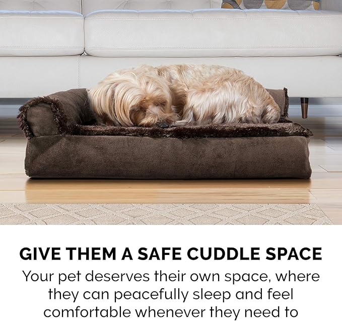 Furhaven Orthopedic Dog Bed for Large/Medium Dogs w/ Removable Bolsters & Washable Cover, For Dogs Up to 55 lbs - Plush & Velvet L Shaped Chaise - Sable Brown, Large