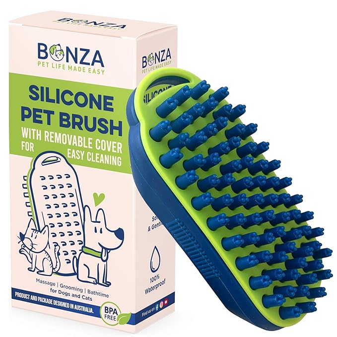 Bonza Dog and Cat Massage Brush - Dog Bath Brush with Removable Screen - Soft Silicone Dog Massage Brush - Dog Grooming Brush - For Pets Gentle Grooming - Short and Long Haired Pet Washing Brush