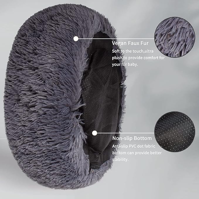 Puppy Bed for Calming Dog 23 Inches Dark Gray Anti-Anxiety Donut Dog Bed for Small Medium Dogs Washable Fuzzy Dog Bed Fits up to 15 lbs Pets Beds for Small Dog