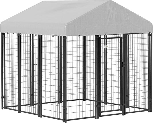 PawHut Outdoor Dog Kennel with Roof, 6' x 6' x 6' Heavy Duty Welded Wire Dog Playpen Enclosure with Escape-Proof Lock, UV-Resistant & Waterproof Cover, for Large Dogs, Silver