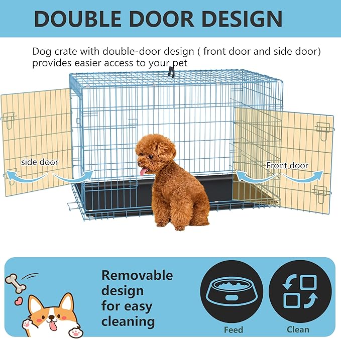 FDW Dog Crate Dog Kennel Cage with Double Door,36 inch Folding Metal Wire Dog Cage with Removable Tray&Divider Panel,Pet Crate for Medium Dogs,Blue