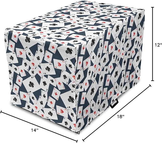 Lunarable Casino Dog Crate Cover, Realistic Style Random Scattered Playing Cards Leisure Time Hobby Games, Easy to Use Pet Kennel Cover for Small Dogs Puppies Kittens, 18 Inch, Cadet Blue Black Red