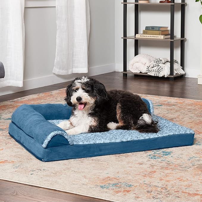 Furhaven Orthopedic Dog Bed for Large/Medium Dogs w/ Removable Bolsters & Washable Cover, For Dogs Up to 55 lbs - Two-Tone Plush Faux Fur & Suede L Shaped Chaise - Marine Blue, Large