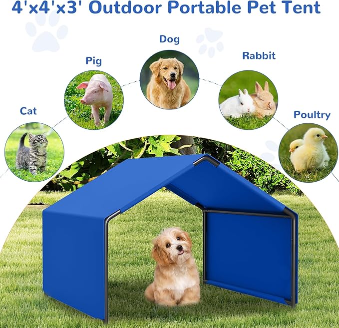 Dog Shade Shelter Outdoor, 4'x4'x3' Extra Large Dog Tent Outdoor, Dog House Outside with Waterproof Roof, Blue Sun Rain Cover for Pet Cat Goat Pig Small Animals and Livestock