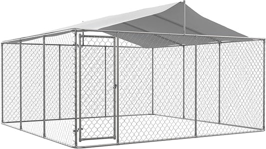 Large Outdoor Dog Kennel, Heavy Duty Galvanized Steel Dog Enclosure, Chicken Coop w/ Waterproof UV-Resistant Cover, Lockable Door Chain Link for Small & Large Pets, Backyard-177.6"L x 177.6"W x 91.2"H