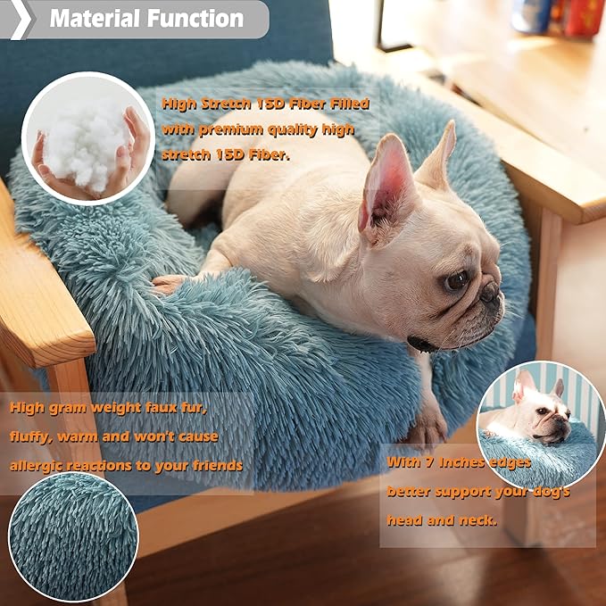 Blue Dog Bed for Small Dogs Fluffy Anti-Anxiety Dog Bed, Calming Dog Bed for Small Dogs Washble Snuggle Safe and Soft Puppy Bed for Small Dogs,Round Donut Machine Washable Small Pet Bed.