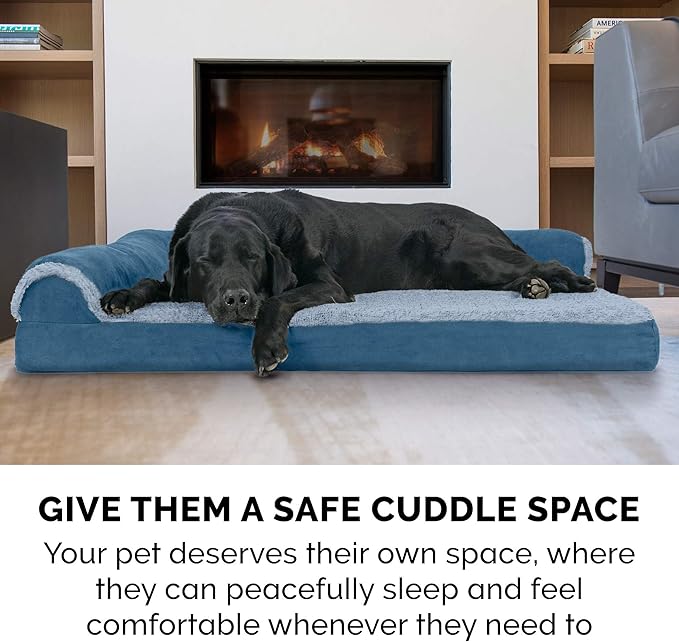 Furhaven Orthopedic Dog Bed for Large Dogs w/ Removable Bolsters & Washable Cover, For Dogs Up to 95 lbs - Two-Tone Plush Faux Fur & Suede L Shaped Chaise - Marine Blue, Jumbo/XL